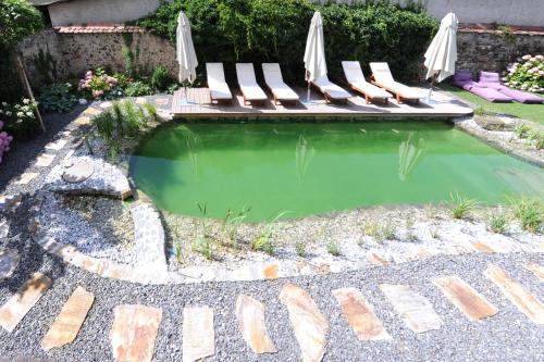 una piccola piscina con sedie a sdraio e una piscina d'acqua di Renaissancehotel Raffelsberger Hof B&B a Weissenkirchen in der Wachau