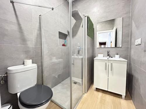 a bathroom with a shower and a toilet and a sink at Apartamento El Patio in Chipiona