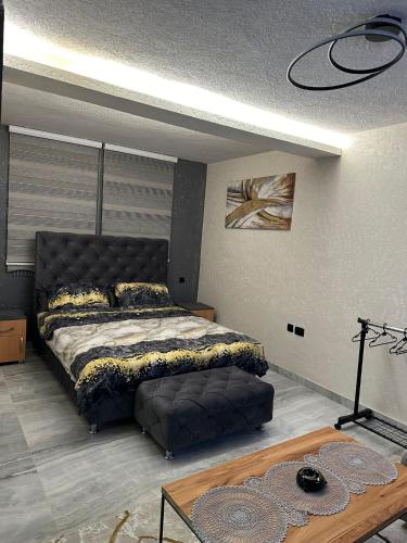 um quarto com uma cama e um sofá em Lavanda Apartman em Novi Pazar