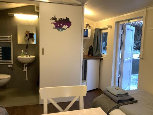 a small bathroom with a sink and a toilet at The Castle in Búðardalur