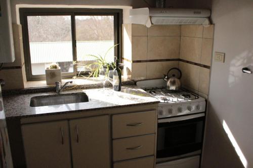 ビジャ・ヘネラル・ベルグラーノにあるDEPTO EN VILLA GRAL BELGRANOのシンクとコンロと窓のあるキッチン