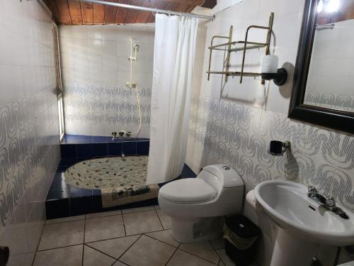 a bathroom with a toilet and a sink and a tub at CASA XOCOMIL in Cerro de Oro