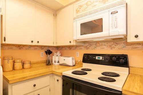 a kitchen with a stove and a microwave at Bridgeport Condo 211 in Bradenton Beach