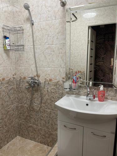 a bathroom with a shower and a sink and a sink at Уютная комната-студия в центре Бишкека in Bishkek