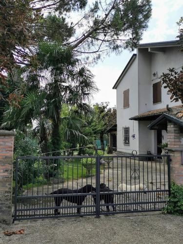 a black dog laying behind a gate in front of a house at LA CASA DI GIM in Lugo