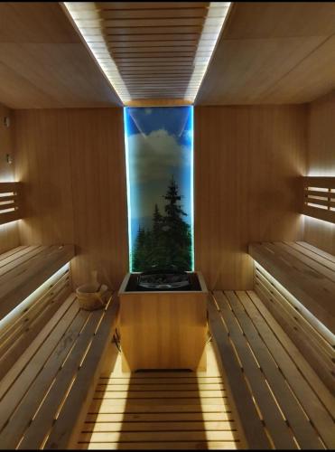 a sauna with a view of a tree in the window at Pinewood ANG premium luxurious apartment 15 in Borovets