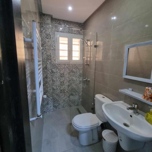 a bathroom with a toilet and a sink at Spacious Apartment Ennasr 2 in Ariana