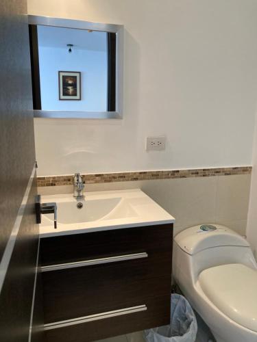 a bathroom with a sink and a toilet at Suite con Jacuzzi - Torres el Bosque, Quito in Quito