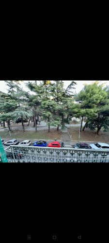 a row of parked cars in a parking lot with trees at Koman House in Savona