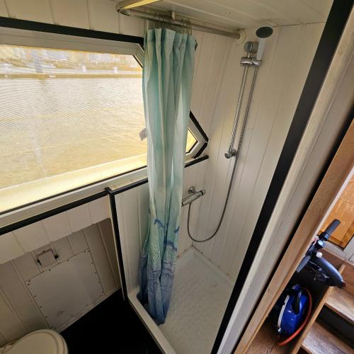 La petite salle de bains est pourvue d'une douche et d'une fenêtre. dans l'établissement Appartement sur l'eau tout confort, au Barcarès