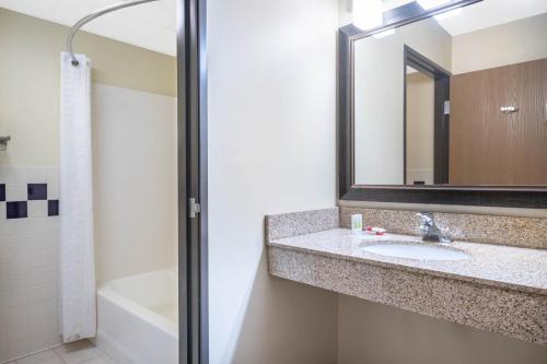 Aspen Hotel Rogers Formerly Americ inn في Rogers: حمام مع حوض ومرآة وحوض استحمام