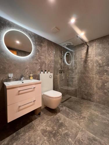 La salle de bains est pourvue de toilettes, d'un lavabo et d'une douche. dans l'établissement Peacefull Mountains View, à Kandersteg