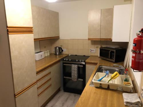 a small kitchen with a sink and a stove at Cosy flat, Scalloway in Scalloway