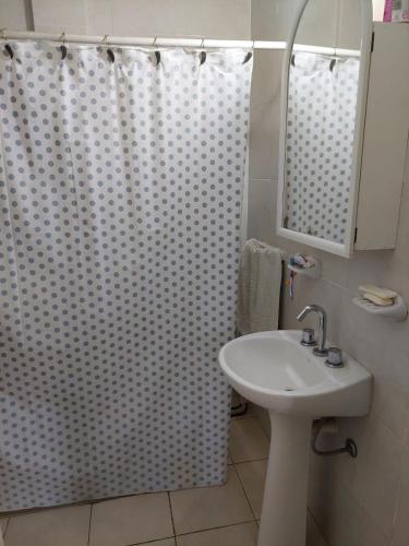 y baño con cortina de ducha y lavamanos. en CASA YERBA BUENA TUCUMAN en Yerba Buena