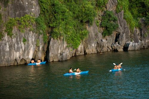 a group of people in kayaks in the water at Mila Cruises in Ha Long