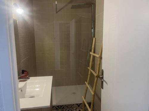 une salle de bain avec douche et lavabo dans l'établissement Appartement 3 pièces avec balcon, WiFi, parking, proche station, Les Angles - FR-1-593-103, aux Angles