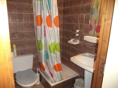 a bathroom with a toilet and a sink and a shower curtain at Studio Les Orres, 1 pièce, 4 personnes - FR-1-322-552 in Les Orres