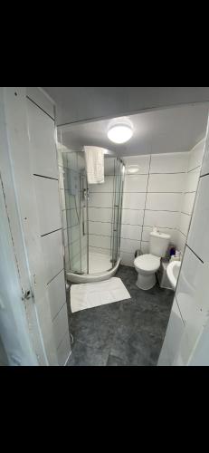 bagno con doccia e servizi igienici. di St James Apartments a Leeds
