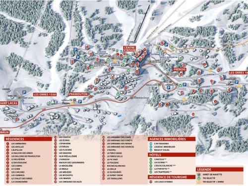 - une carte d'une station de ski avec des stations de ski dans l'établissement Spacieux appartement T3 aux Orres - 8 pers, au pied des pistes, proche commodités - FR-1-322-586, aux Orres