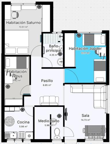 a floor plan of a house at Habitaciones Saturno o Jupiter in Mexico City