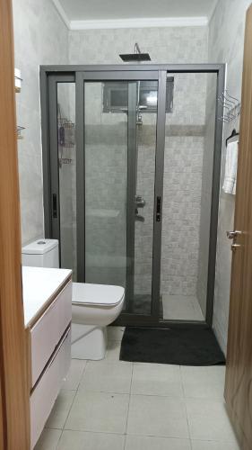 a bathroom with a glass shower with a toilet at BaliApartments in Grand-Baie