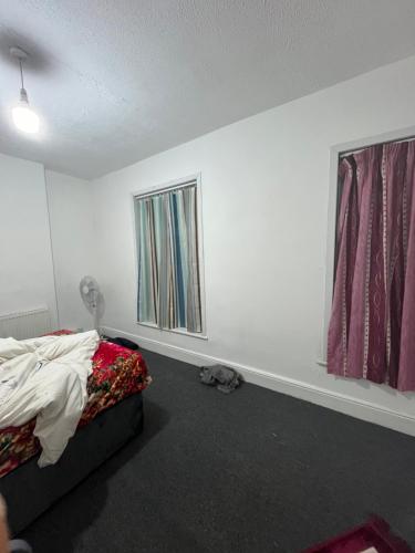 ein Schlafzimmer mit einem Bett und zwei Fenstern in der Unterkunft 241 albert avenue in Hull