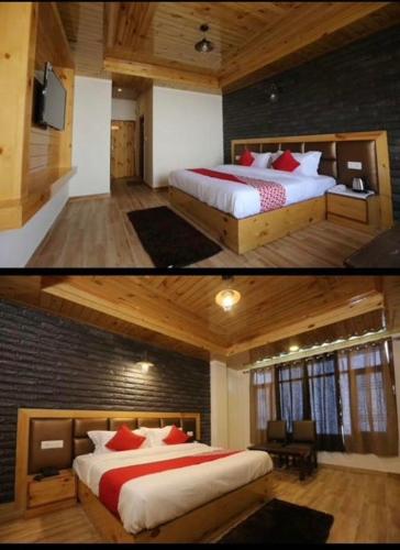 two pictures of a bedroom with two beds at ABC HOMESTAY in Shimla