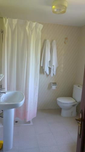 a bathroom with a toilet and a sink and a shower at Hotel La Encina Celorio Llanes PARKING in Llanes