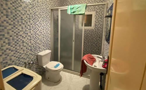een badkamer met een douche, een toilet en een wastafel bij S+2 Corniche Nord in Bizerte