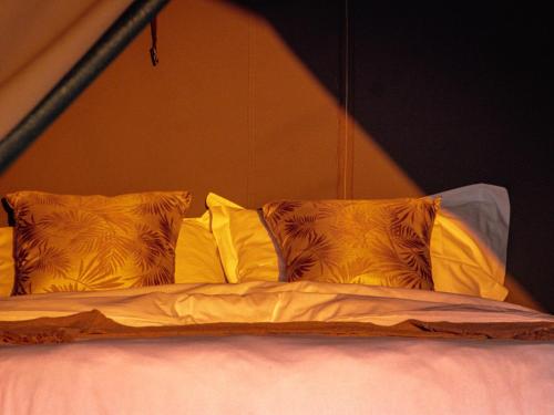 Bett mit gelben Kissen auf einem Zimmer in der Unterkunft Uakii Wilderness Bush Camp in Gobabis