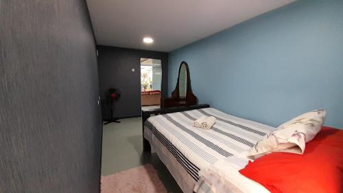 a bedroom with a bed and a blue wall at Rumah Container Bedugul in Bedugul