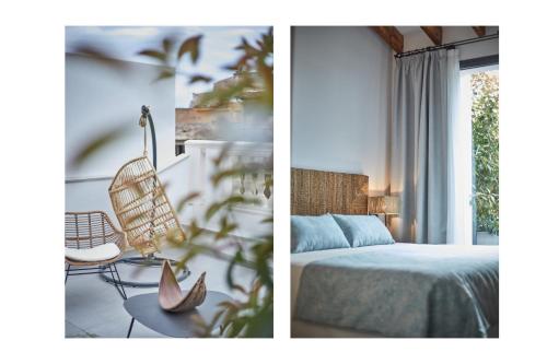 two pictures of a bedroom with a bed and a chair at Ca n'Alexandre - Adults Only in Palma de Mallorca