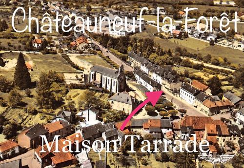 an aerial view of a small town with a pink arrow at Maison Tarrade in Châteauneuf-la-Forêt