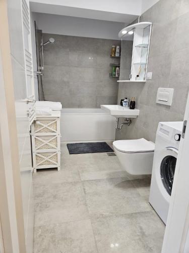 a bathroom with a toilet sink and a washing machine at Garsoniera Gabrielle in Braşov