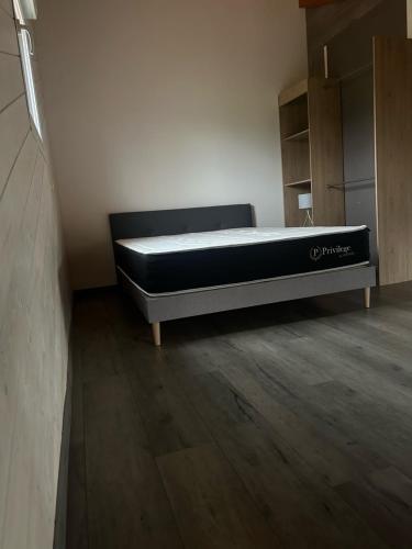 ein Schlafzimmer mit einem Bett in der Ecke eines Zimmers in der Unterkunft Rivière et jardin à vos pieds in Pulligny