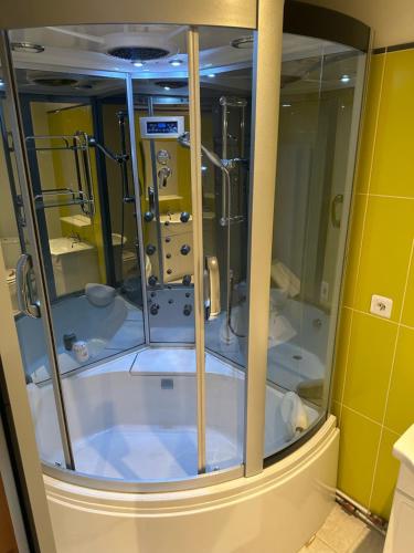 a large shower in a bathroom with a tub at Rivière et jardin à vos pieds in Pulligny