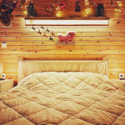 Ce lit se trouve dans un dortoir doté d'un mur en bois. dans l'établissement BEACH HOUSES, à Tuzla