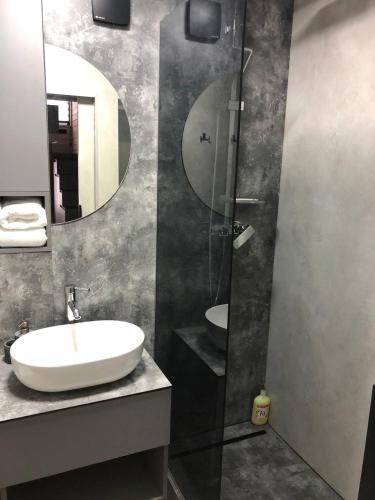 a bathroom with a sink and a glass shower at Небокрай in Palyanytsya