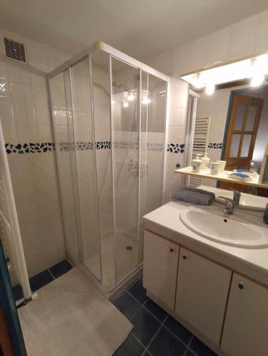 une salle de bain avec douche et lavabo dans l'établissement Appartement de campagne à Limans, à Limans
