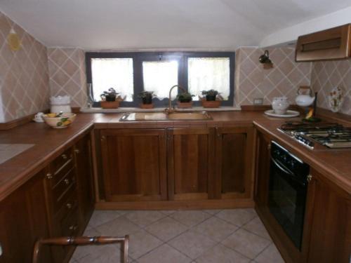 a kitchen with wooden cabinets and a sink and windows at Dimora Giosafatti in Ascoli Piceno