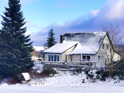 une maison dans la neige avec un sapin de Noël dans l'établissement Ferienhaus "Hirschsieh", à Stiege