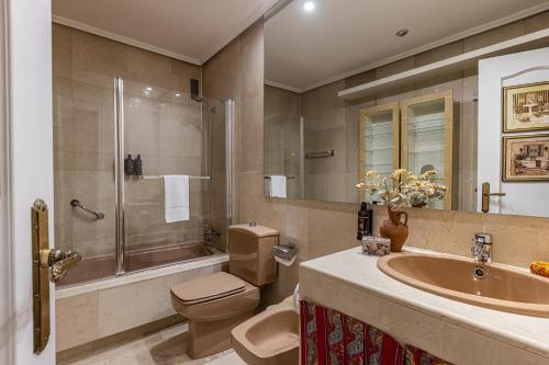 La salle de bains est pourvue de toilettes, d'un lavabo et d'une douche. dans l'établissement BNBHolder Teatro Real OPERA, à Madrid