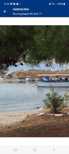 a boat on a lake with a tree at Maria Apartments in Néa Karváli