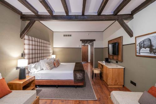 1 dormitorio con 1 cama, TV y sofá en Vincci Selección Rumaykiyya, en Sierra Nevada