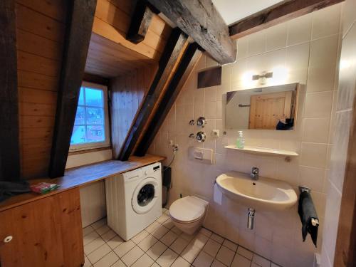 ein Badezimmer mit einem Waschbecken und einer Waschmaschine in der Unterkunft Fachwerk Maisonette in Nürtingen in Nürtingen