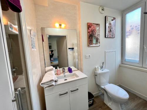 a bathroom with a toilet and a sink and a mirror at La Casa, accès terrasse de l'établissement in Rives