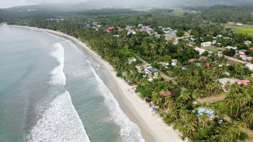 una vista aérea de una playa con palmeras en Victoria Beach House, en San Vicente