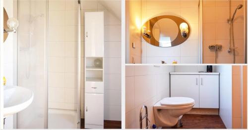 two images of a bathroom with a toilet and a sink at das Apartmenthaus in Freiburg in Freiburg im Breisgau