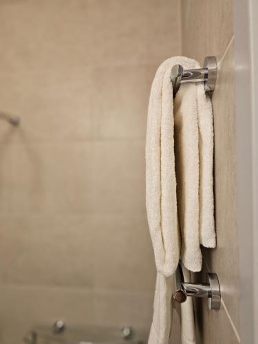 a towel hanging on a door in a bathroom at Hotel Heemskerk in Heemskerk