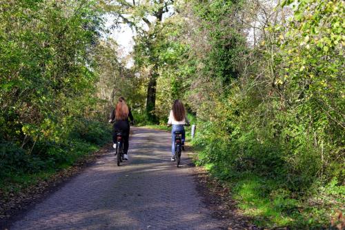 a man and a woman riding bikes down a trail at Hotel Heemskerk in Heemskerk